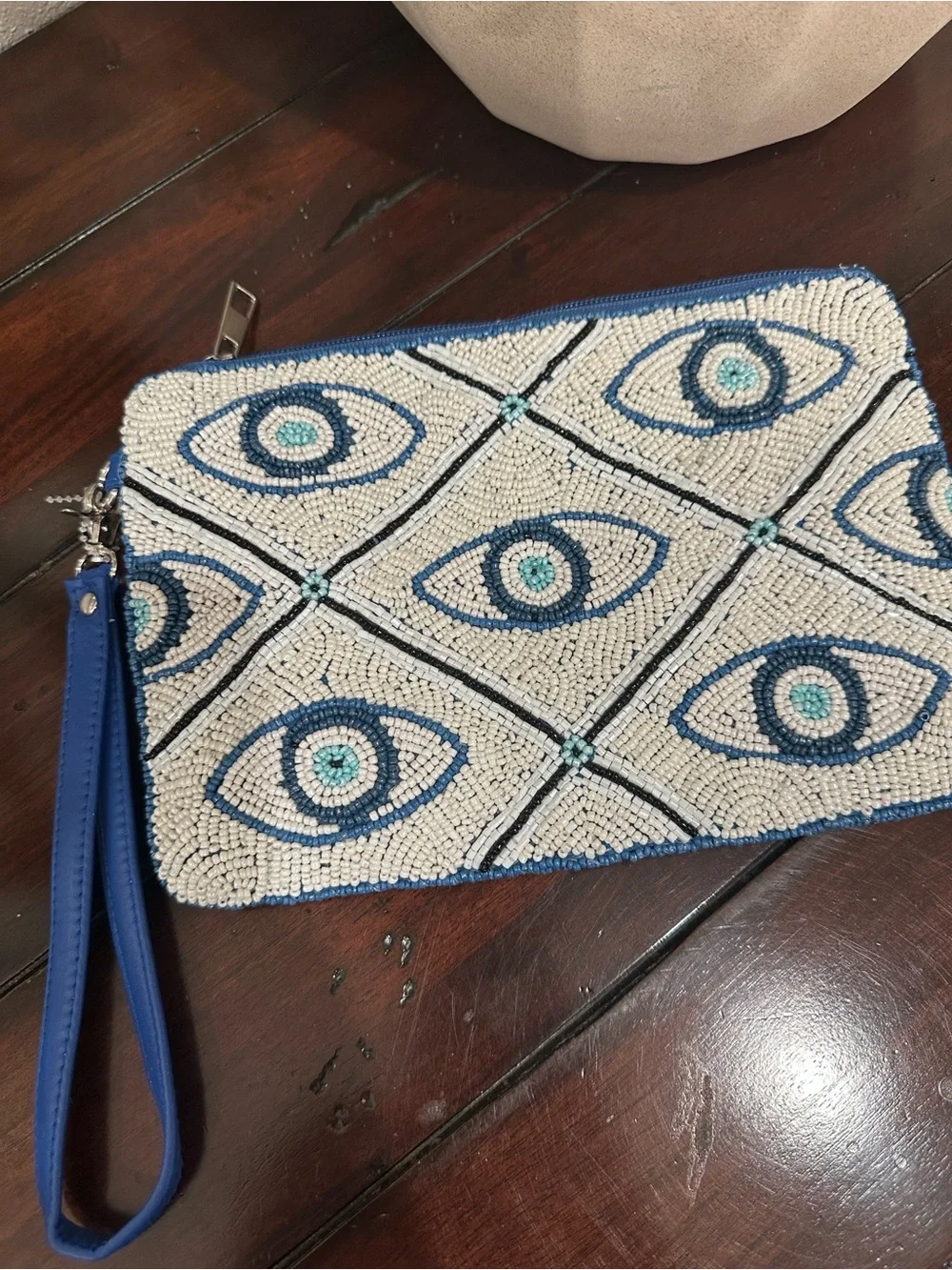 House of Harlow 1960 Blue and White Beaded Eye Motif Wristlet
